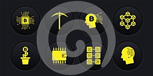 Set Bitcoin plant in the pot, Blockchain technology, Cryptocurrency wallet, Mining farm, think and Pickaxe icon. Vector
