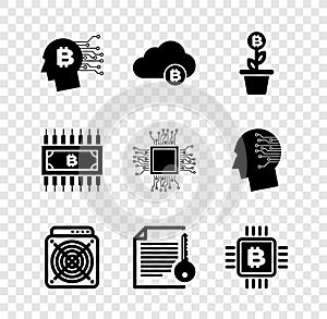 Set Bitcoin think, Cryptocurrency cloud mining, plant the pot, ASIC Miner, Smart contract and CPU farm icon. Vector