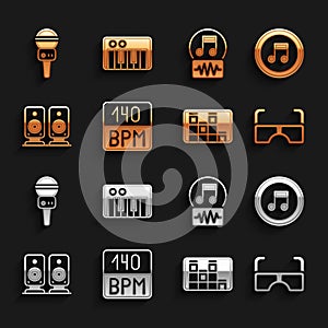 Set Bitrate, Music note, tone, Glasses, equalizer, Stereo speaker, Microphone and synthesizer icon. Vector