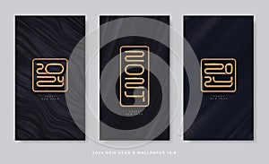 Set of black abstract background with 2024 new year golden logo.