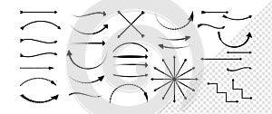 Set of black arrows in different shapes on white and transparent backgrounds. Arrow vector.