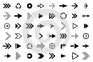 Set of black arrows, forward and back, up and down. Arrow icons, pointers and direction signs