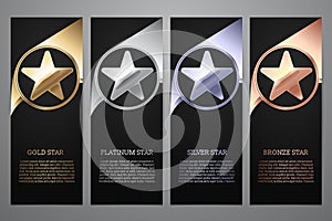 Set of black banners, Gold, platinum,silver and bronze star, Vector illustration.l photo