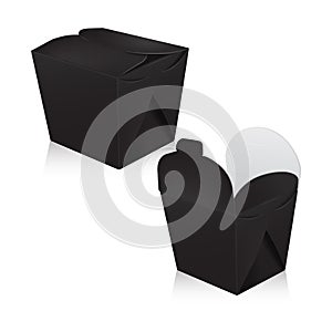 Set of black blank wok box mockup. Vector 3d packaging. Carton box for asian or chinese take away food paper bag