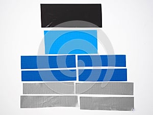 Black blue gray tape texture, Torn horizontal and different size sticky tape cut isolated on white