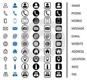 Set black, blue and line contact icons with the names, website icon symbol for contact us, communication signs - vector