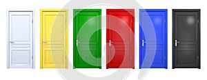 Set of black, blue, red, green, yellow doors isolated on white. Front 3D render of closed and open doorway in different color