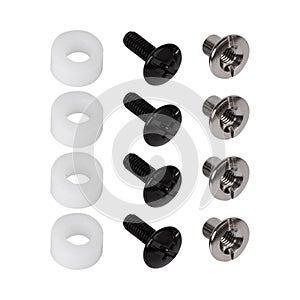 Set of black bolt washers and chrome nuts on a white background for attaching the glass to the helmet