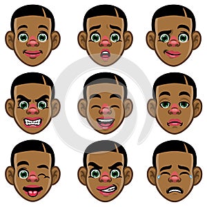 Set of black boy head with various expression