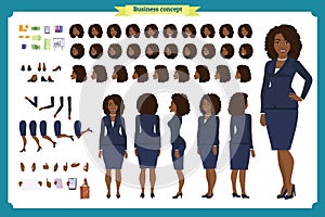 Set of Black Businesswoman character design.Front, side, back view animated character.