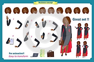 Set of Black Businesswoman character design.Front, side, back view animated character.Business girl character