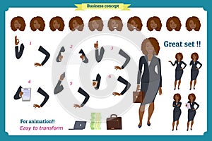 Set of Black Businesswoman character design.Front, side, back view animated character.Business girl character