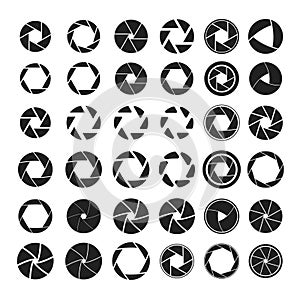 Set of black camera shutter icons on white