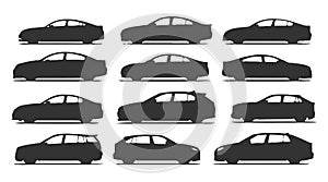 Set of black car silhouettes isolated on white background, vector illustration