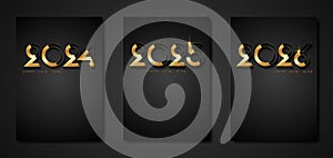 Set black card of New year 2024, 2025, 2026 in gold foil modern numbers. Decorative greeting cards happy new year