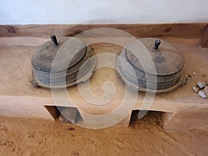 Set of black cast iron pan isolated on white background