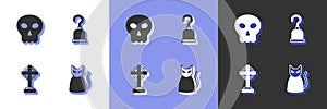 Set Black cat, Skull, Tombstone with cross and Pirate hook icon. Vector