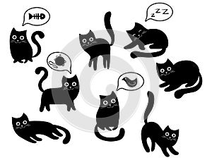 A set of black cats. A collection of cartoon cats for Halloween. Lovely playing black kittens. Vector illustration of