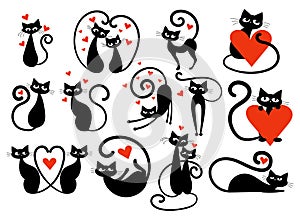 Set of black cats with hearts. Collection of cats in love. Vector illustration for kids. Tattoo.