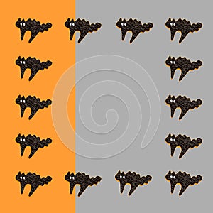 Set of black cats isolated on orange with light gray colors background. Halloween ornament is colorful Tones