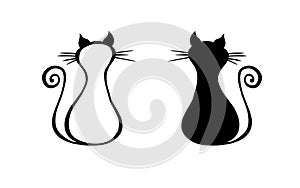 Set of Black cats silhouette and outline isolated on white background. Cute cats sitting with curled tails. Icons for a pet shop,