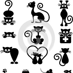 Set of black cats silhouettes