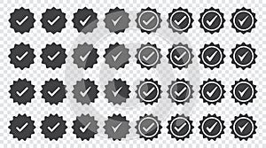 Set of black check mark badge icons. Profile verification icons