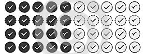 Set of black check mark badge icons. Profile verification icons