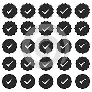 Set of black check mark badge icons. Profile verification icons