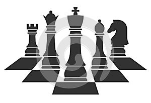 Set of black chess pieces with black chessboard pattern