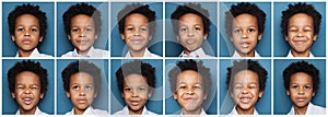 Set of black child boy faces. Emotion, emotional expression collage