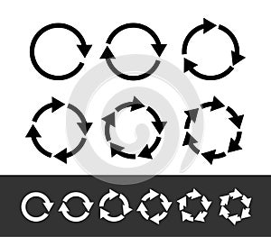 Set of black circle arrows. Modern mono solid plain flat minimal style. Vector Icons. Graphic for website. Isolated on white