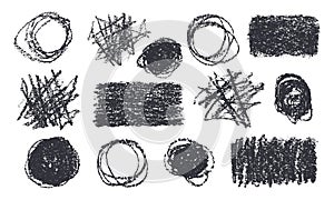 Set of black circles, squares, rectangles shapes in crayon texture on a white background. Grunge pencil scribbles in