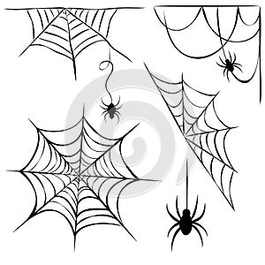 set of black cobweb and hanging spiders isolated on white background. line art of spider webs and spiders for halloween. cobweb