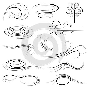 Set Black Collection Simple Line Winds Gust Squall Curl Doodle Outline Nature Element Vector Design Sketch Isolated Illustra