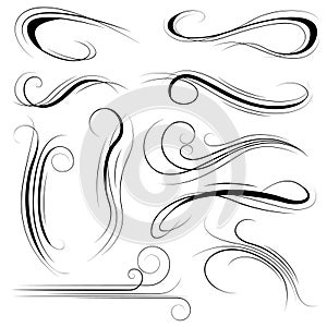 Set Black Collection Simple Line Winds Gust Squall Curl Doodle Outline Nature Element Vector Design Sketch Isolated Illustra