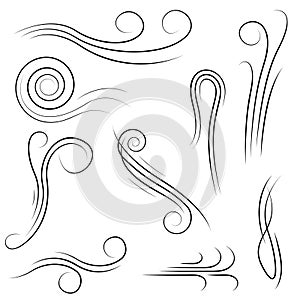 Set Black Collection Simple Line Winds Gust Squall Curl Doodle Outline Nature Element Vector Design Sketch Isolated Illustra