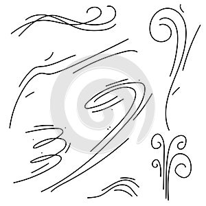 Set Black Collection Simple Line Winds Gust Squall Curl Doodle Outline Nature Element Vector Design Sketch Isolated Illustra