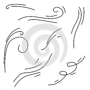 Set Black Collection Simple Line Winds Gust Squall Curl Doodle Outline Nature Element Vector Design Sketch Isolated Illustra