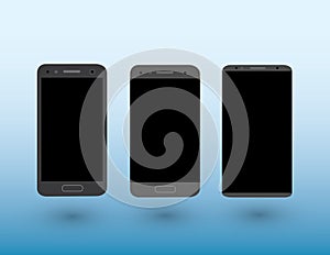 A set of black color modern touchscreen smartphones on light blue background with shadow vector illustration
