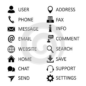 Set black contact icons with the names, communication signs - vector