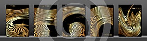 Set black cover. Abstract fluid golden striped line background. Gold wave strips. Applicable for design cover, presentation