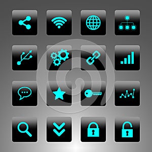 Set of black and cyan icons - technology, business and web