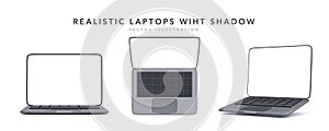 Set of black 3d realistic laptops in different positions isolated on white background. Vector illustration