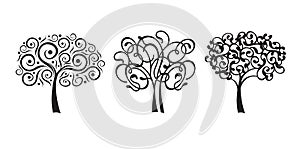 Set black decorative Tree of Life. Silhouette shape with Leaves. Vector outline Illustration. Plant in Garden. Royalty free vector
