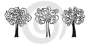 Set black decorative Tree of Life. Silhouette shape with Leaves. Vector outline Illustration. Plant in Garden. Royalty free vector