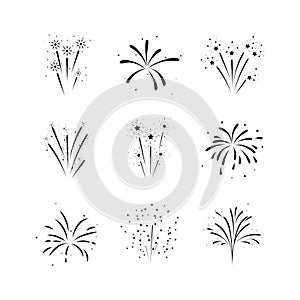 Set of black difference fireworks icons. Collection of firecracker. Design on white background.