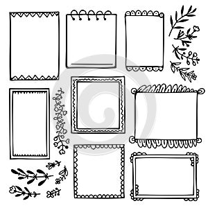 Set of black doodle frames and branches