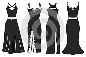 Set of black dress silhouette isolated. Classic luxury wear with jewelry. Elegant evening gown for glamorous evening and cocktail