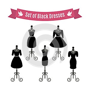 Set of Black Dresses. Vintage dresses on mannequins. Vector.